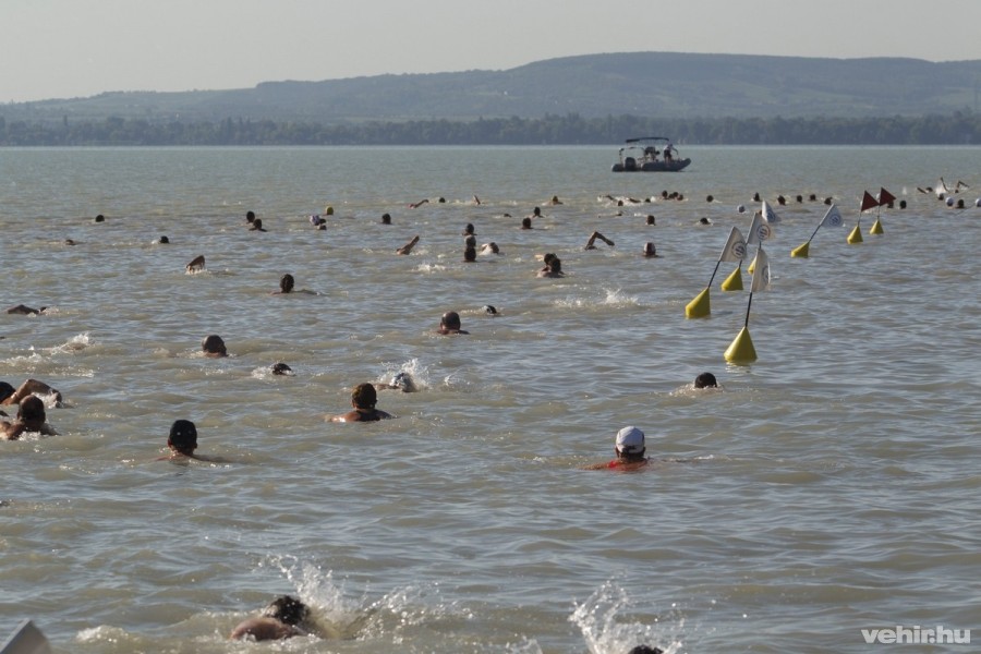 A Balaton-átúszás résztvevői úsznak a révfülöpi part közelében 2015. július 4-én. MTI Fotó: Varga György